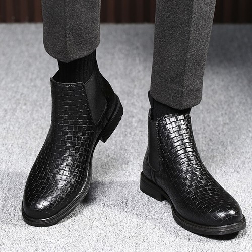 Botas al tobillo formales de cuero sintético tejido de punta redonda de caña alta para hombre - Imagen 6 de 16