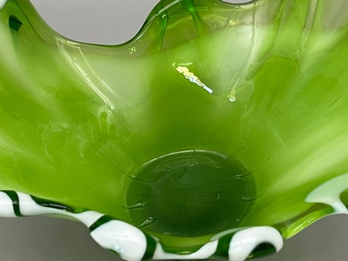 Vintage Stretched Hand Blown Art Glass WAVE Bowl Green & White Swirl 12" - Picture 9 of 18