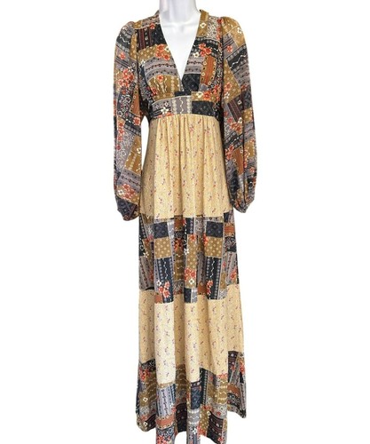 Vintage 1970s Bohemian Empire Waist Patchwork Maxi Dress Union Made Prairiecore