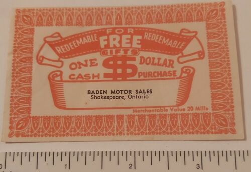 ***\/ RARE ISSUE(SHAKESPEARE,ON) "BADEN MOTOR SALES $1 COUPON" MINT - Picture 1 of 3