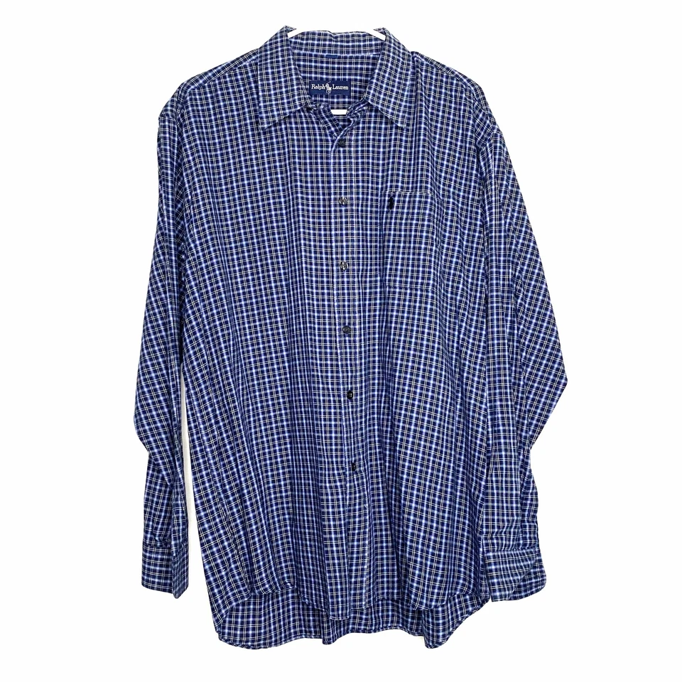 Ralph Lauren Men's Plaid Dress Shirt Size L Blue White Black 100% Cotton