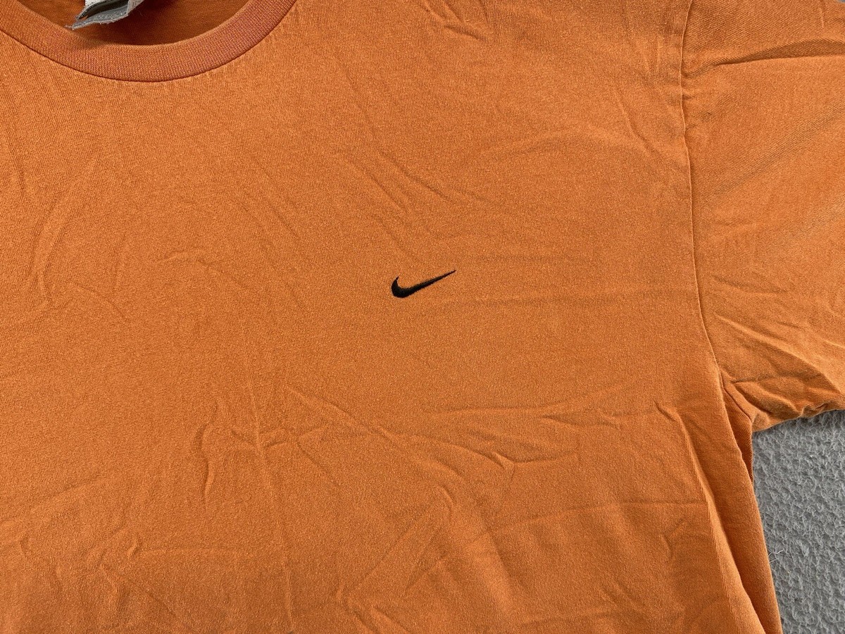 Vintage 90s Y2K Nike Orange Mini Swoosh Embroidered T-Shirt #122245 Men’s  SZ XL