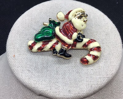 Vintage Christmas Holiday Costume Enameled Santa Sandy Cane Pin D147