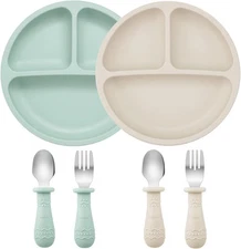 PandaEar Baby Feeding Set| 2 Pack Silicone Divided Onesize, Blue/White 