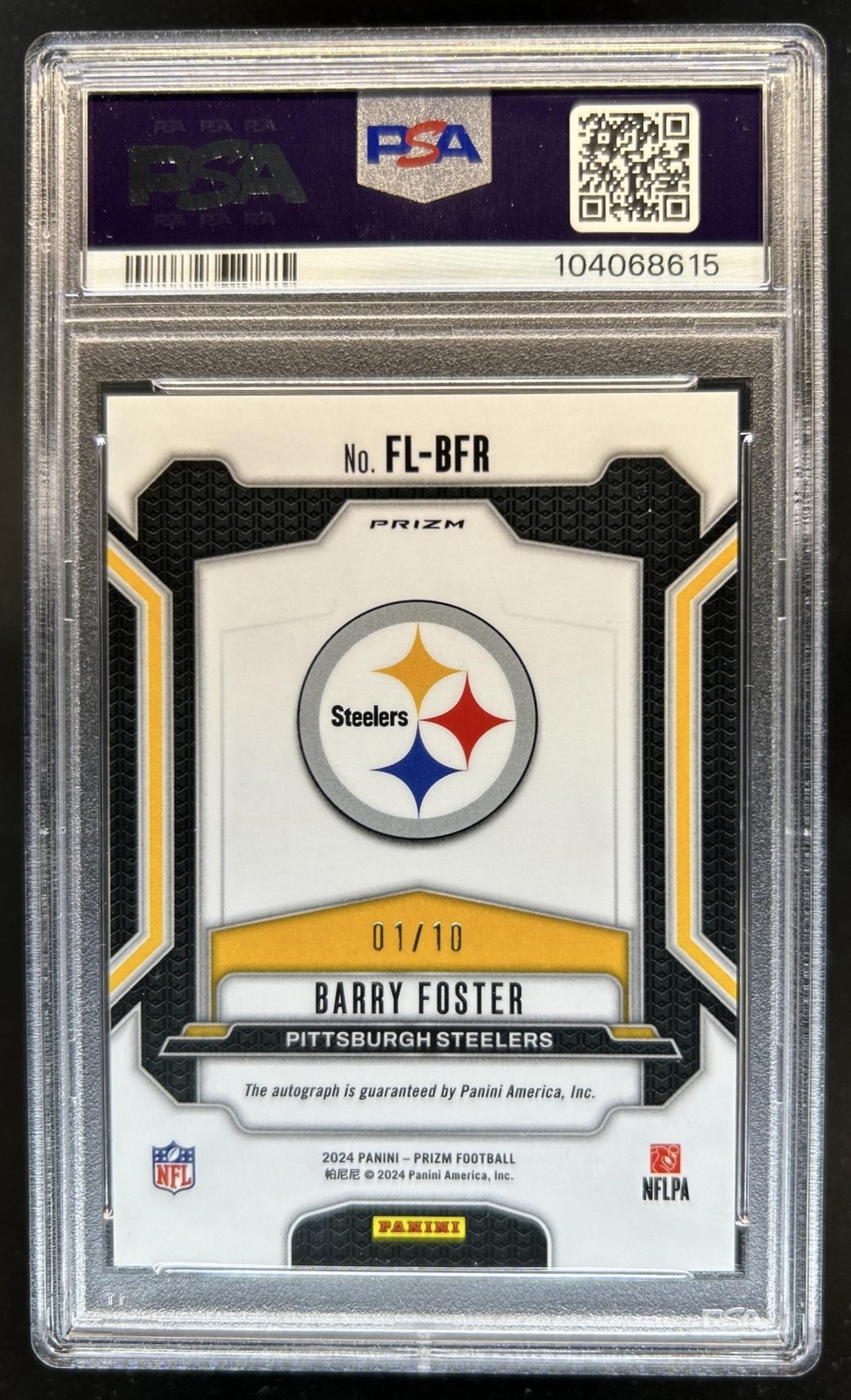 2024 Panini Prizm Barry Foster Franchise Legends Gold Auto #/10 Steelers PSA 9 view 2