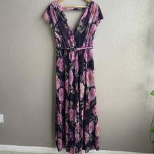 Eliza J Purple Draped Shoulder V-neck Metallic Floral Pleated Maxi Gown 8