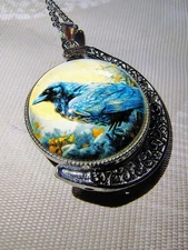 Spinning Blue Crow Art Glass Pendant Necklace Crescent Moon Filigree Silver...