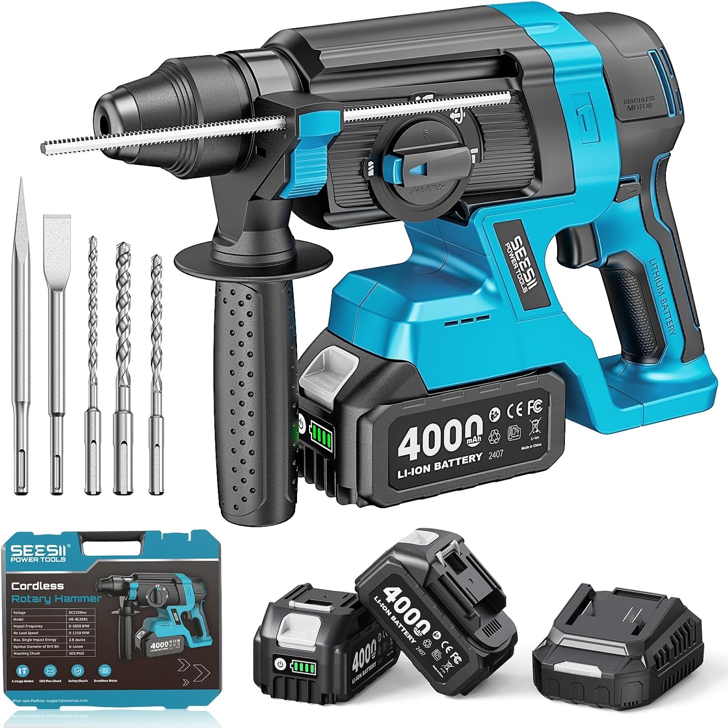 SEESII 1-Inch Cordless SDS-Plus Rotary Hammer Drill ,2.8J Impact Energy,4-Mode