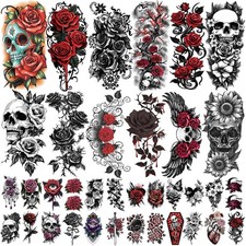 77 Sheets Flowers Skeleton Skull Temporary Tattoo for Large, Gothic