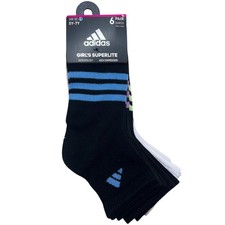 adidas Girl's Superlite Quarter Socks - 6 Pairs Size Large 5Y-7Y New Black White