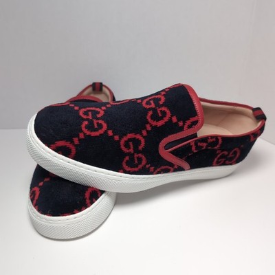 Gucci Slip On Mens Red GG Black Red Velour Sneakers New Size 8