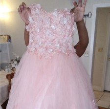 Pink Tulle Floral Applique Beaded Off Shoulder Ball Gown Formal Dress