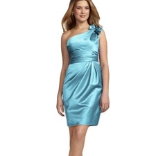 NWOT DAVIDS BRIDAL Dress 6 Satin Turquoise 1 Shoulder Bow Ruched Pleated Zip