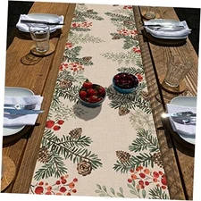  Winter Pine Cone Needle Branch Berry Table Runner, Watercolor Botanical 