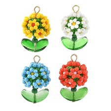 8pcs Beaded Flower Pendants Glass Floral Charms w/ Leaf for Earring Necklace DIY