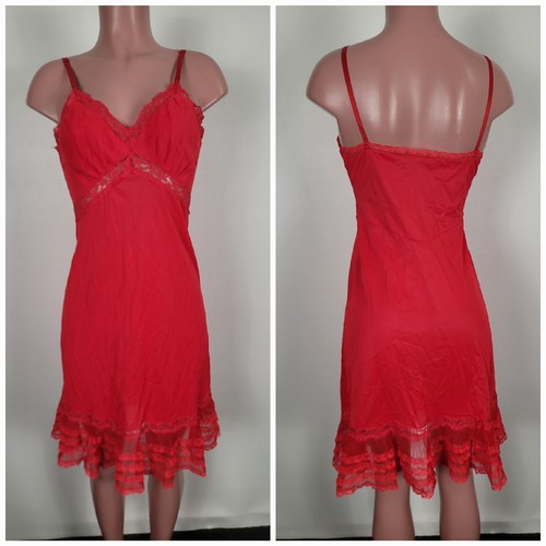 Vintage Crystal Pleats Sz 34 Nylon Full Slip Lace Bodice Red Sissy Adjustable
