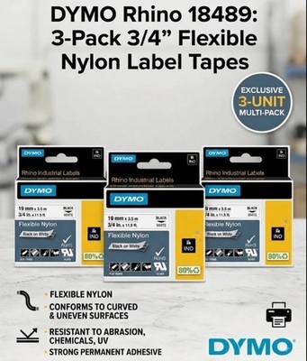 DYMO Rhino 18489 3/4'' Flexible Nylon Label Tape Black on White Set of 3
