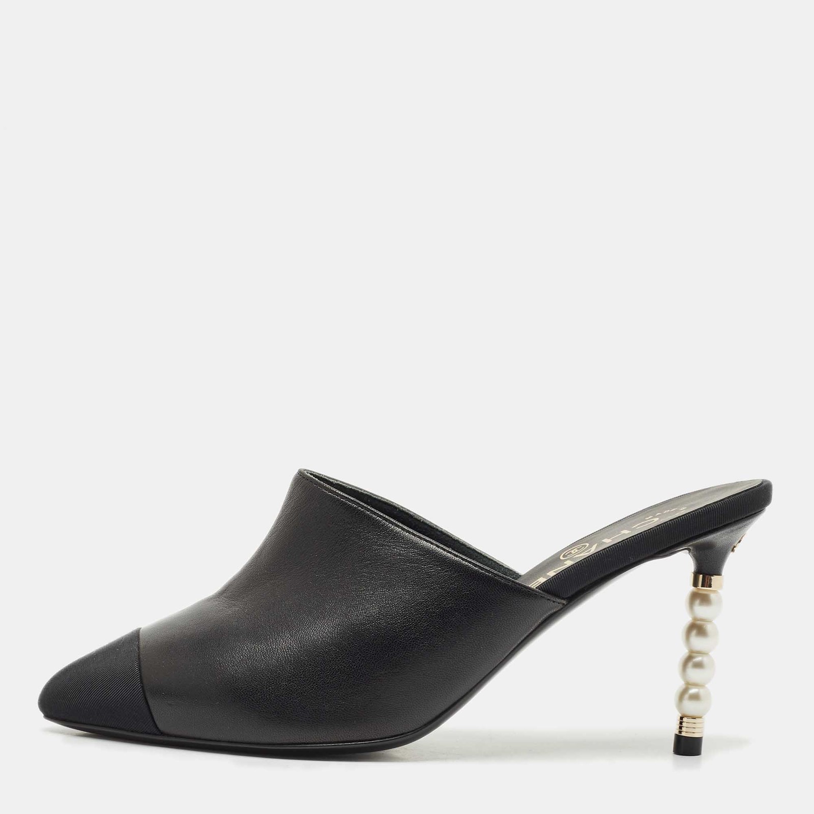 Chanel Black Leather Fabric Cap Toe CC Pearl Embellished Mules Size 35.5