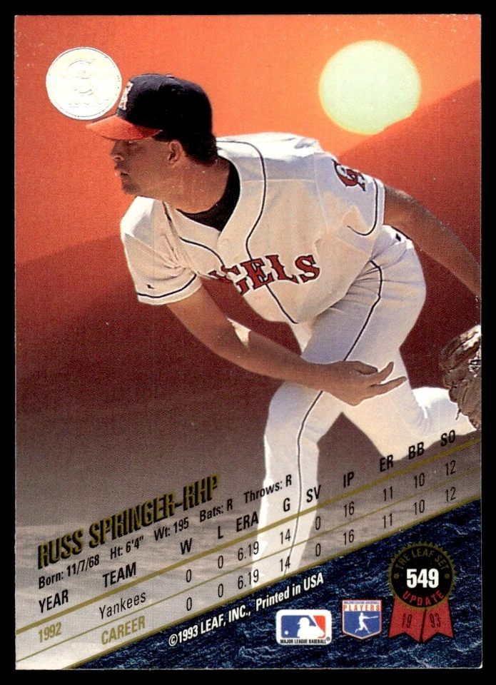 1993 Leaf Russ Springer California Angels #549 - Image 2 of 2