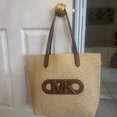 MICHAEL MICHAEL KORS ELIZA EXTRA LARGE STRAW / BROWN LEATHER TOTE NWI