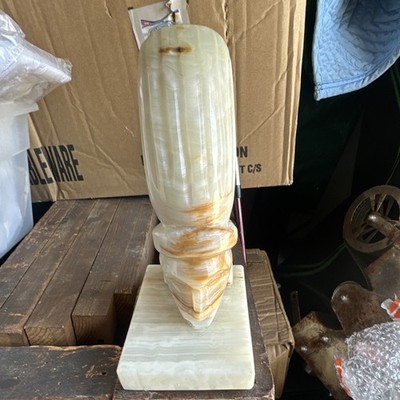 Carved Stone Abstract Sculpture on Rectangular Base, Polished White/Beige/Brown