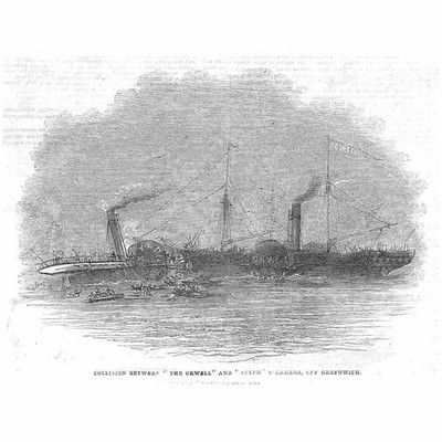 Kollision der Dampfschiffe The Orwell & Sylph vor Greenwich - Antikdruck 1844