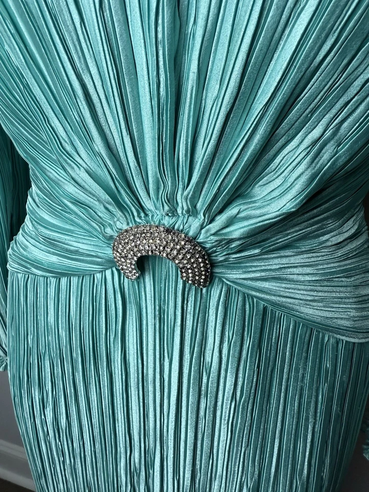 Vestido de Noche George F Couture Vintage Años 80 12 Estrás Aqua Pliegues Acordeón Foto 4 de 4