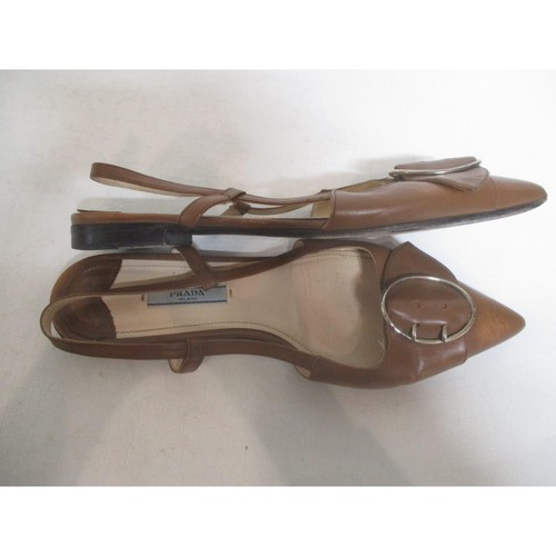 PRADA Brown Buckle Accent Pointed Toe Leather Slingback Flats shoes sandlas 38