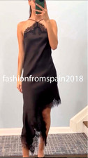 ZARA NEW WOMAN HALTER ASYMMETRIC ZW COLL. SATIN LACE DRESS BLACK 5919/201/800