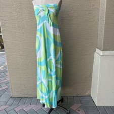 Escapade small long maxi dress green blue strapless elastic knot