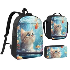 Cat and Fish School Backpack Kids Girls Boys Teens 3PCS Bookbag with Lunch Bo...