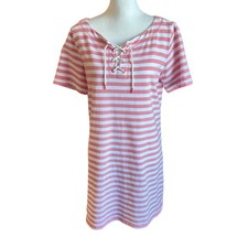 T by Talbots Dress Size Medium Coral White Stripe Lace Up Neck Nautical