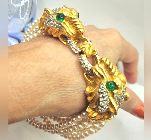 Vintage KJL KENNETH JAY LANE Exquisite BIG CAT PANTHER Pearl Statement BRACELET