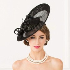 Women's Kentucky Derby Church Wedding Noble Dress Linen Feather Sinamay Hat Jje