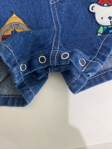 Boys 6-9 Months Blue Denim White Stitching Overall Shorts Silver Buttons Patches - Picture 11 of 11