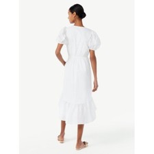 Scoop Dress Women Size XXL White High Low Eyelet Midi with Puff Sleeves --K4--