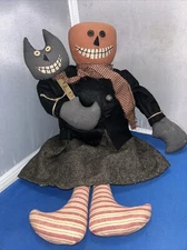 Primitive Pumpkin Lady Halloween Shelf Sitter Doll & Kitty On A Stick 🐈‍⬛