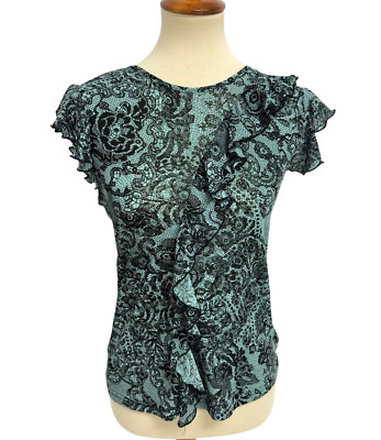 Express Damen Enganliegend Paisley Top Rüschen Vorne Kurzärmlig Größe L
