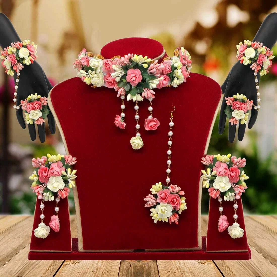 Artificial Floral Haldi Jewellery Necklace Set Asian Indian