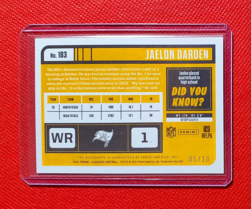 5/10 Jaelon Darden 2021 Panini Classics Premium Edition Orange Auto Rookie #183 - Image 2 of 2