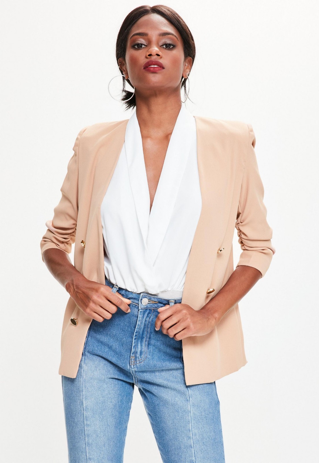 Missguided Crepe Gathered Sleeve Button Blazer Size 8 Uk BNWT* RRP £52.99 Nude
