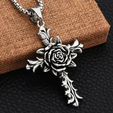 Silver Rose Cross Pendant Christian Necklace Religious Jewelry For Men Women 24"