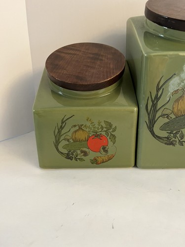 Bidone ceramica Hyalyn vintage con coperchio in legno verdure set di 4 verde avocado - Foto 2 di 9