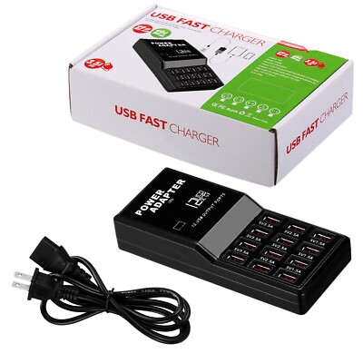 Multi 12 Port USB Charging Station Hub Desktop Wall Cell Phone Charger Organizer