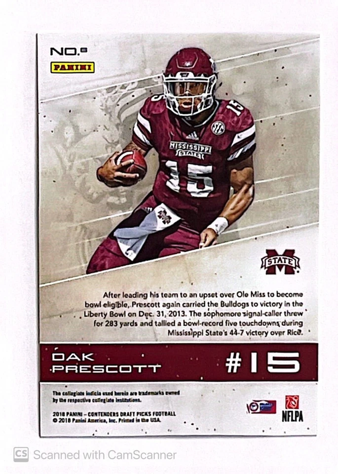 Dak Prescott 2018 Contenders Draft Picks Old School Colors Rookie 1/1 RC - Image 2 of 2