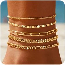 Ankle Bracelets for Women, 14K Gold Jewelry Set Waterproof Layered Cuban Figaro
