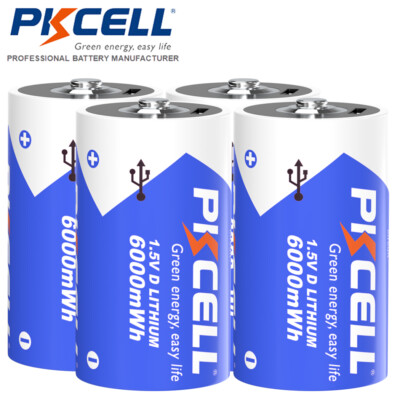 4Pcs Size D 1.5V Batteries Rechargeable USB Lithium 6000mWh for Floodlight Toys