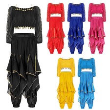 Womens Dancewear Long Sleeve Outfit Dancer Costumes Gypsy Dance Crop Top Belly