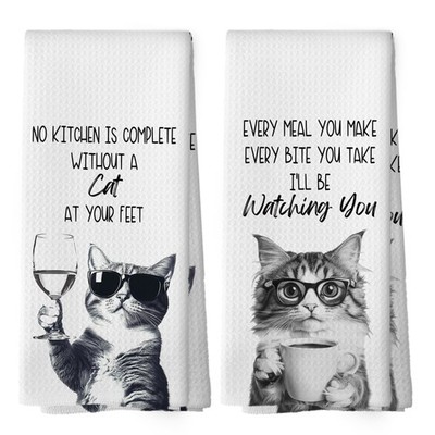 Funny Cat Kitchen Towels Set of 2, Cat Kitchen Accessories, Coffee Station Wi...