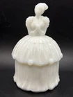 VTG Victorian Akro Agate Vaseline Milk Glass Colonial Lady Powder Jar Trinket